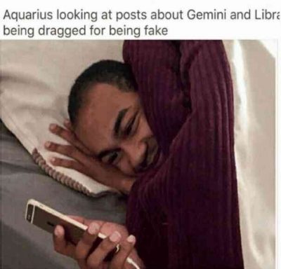 “Aquarius looking at posts about Gemini and Libra being dragged for being fake.”