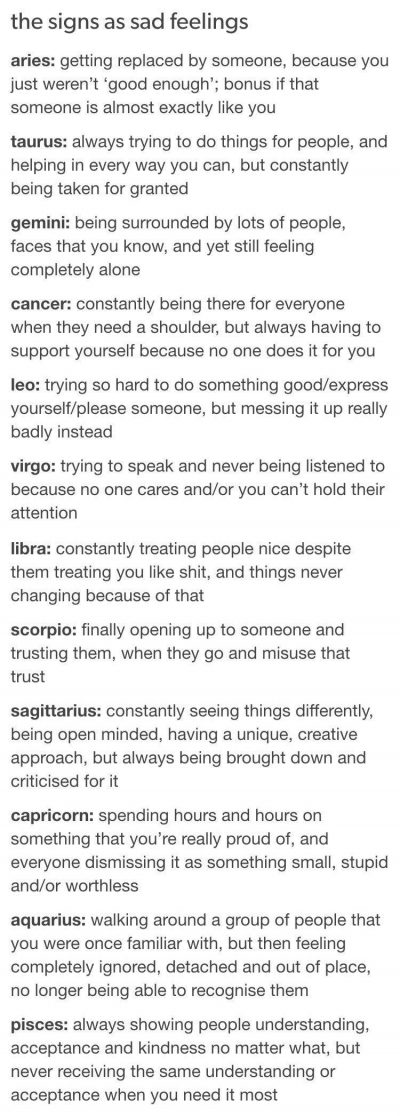 The signs as sad feelings Virgo–And sadly, this has happened to me more often…