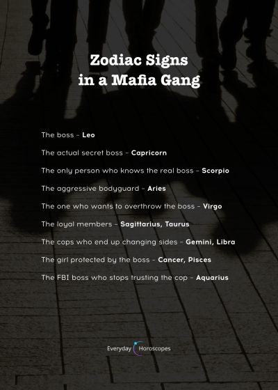 Find out who you’d be in a mafia gang. #dailyhoroscope #todayhoroscope #horoscope #zodiacsigns #