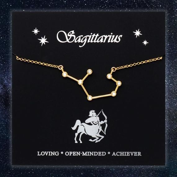 Gold Sagittarius Constellation Necklace With Foiled Gift Card, Zodiac Star Sign Necklace – Gold…