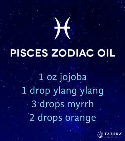 Pisces zodiac oil: 1 oz jojoba, 1 drop ylang ylang, 3 drops myrrh, 2…