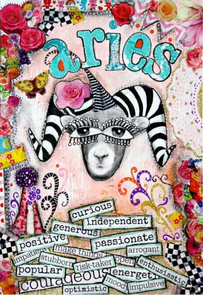 Aries art, Aries zodiac sign, horoscope art, mixed media collage art, pink and turquoise