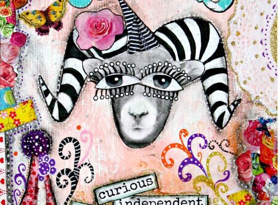 Aries art, Aries zodiac sign, horoscope art, mixed media collage art, pink and turquoise
