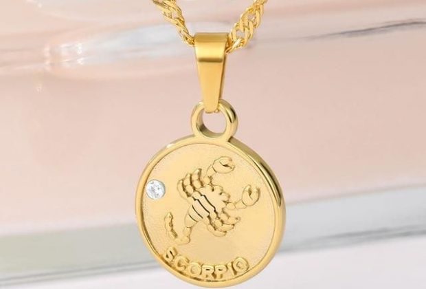 12 Zodiac Constellation Carve Coin Pendant Necklace – Scorpio Gold