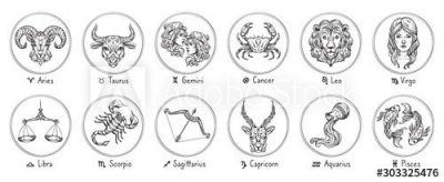 Zodiac signs. Sketch Cancer, Scorpio and Pisces. Hand drawn Taurus, Virgo and Capricorn. Aries, Leo and Sagittarius. Gemini, Libra and Aquarius horoscope. Isolated vector symbols illustrations