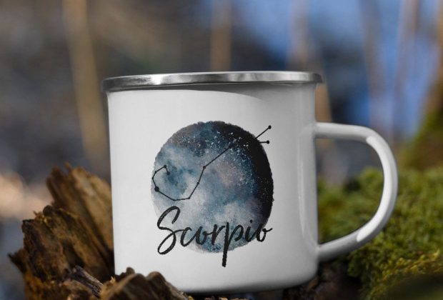 Scorpio Zodiac Astrology Camper Mug – Moon and Constellation #white #blue #zodiac #yes