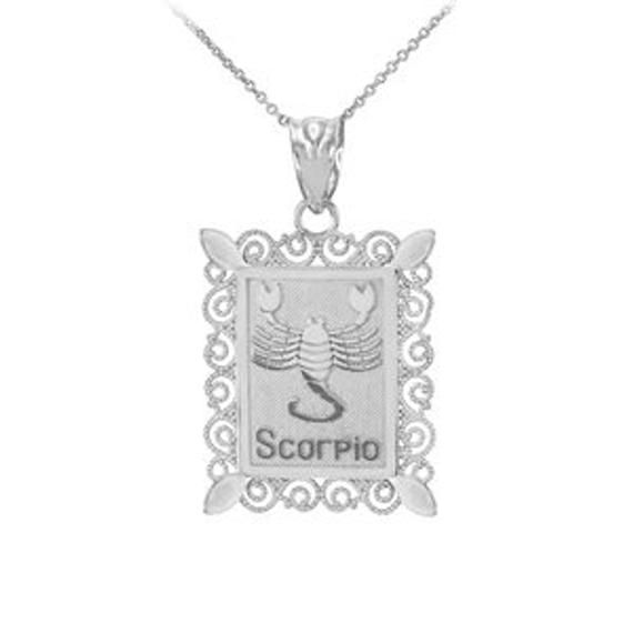 White Gold Scorpio Zodiac Sign Filigree Square Pendant Necklace ...