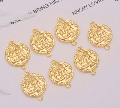 18k Gold Plated Horoscope Charms Connectors Links,Virgo Zodiac Horoscope Sign Constellation Coin Med