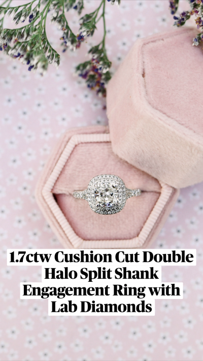 1.7ctw Cushion Cut Double Halo Split Shank Engagement Ring with Lab Diamonds