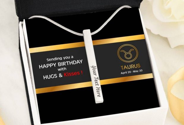 Taurus Zodiac Personalized Necklace – ♉️ (April 20 – May 20) – Engraved 4 Sided Stick Necklace (Stainless Steel)