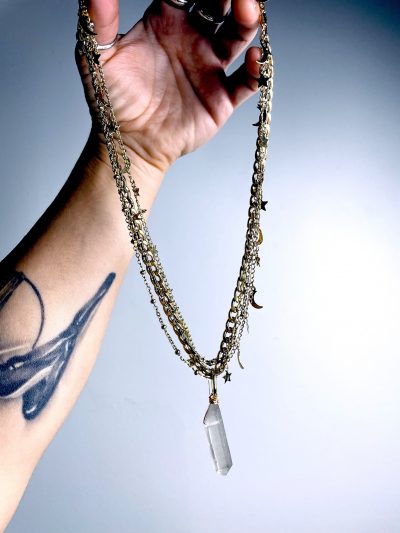 ‘B**** Don’t Kill My Vibe’ Smoky Quartz Moon & Stars Gold Plated Stainless Steel Layer Necklace