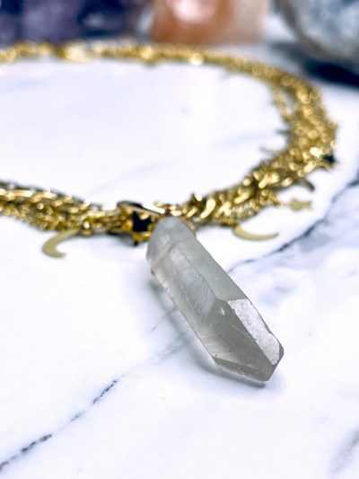 ‘B**** Don’t Kill My Vibe’ Smoky Quartz Moon & Stars Gold Plated Stainless Steel Layer Necklace