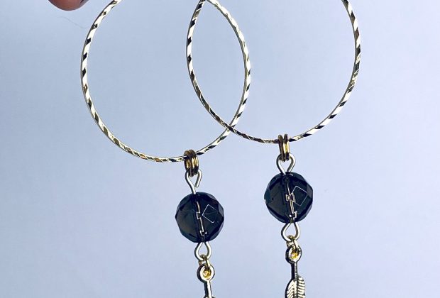 ‘B**** Don’t Kill My Vibe’ Smoky Quartz Gold Plated Stainless Steel Hoops with Feather Charms