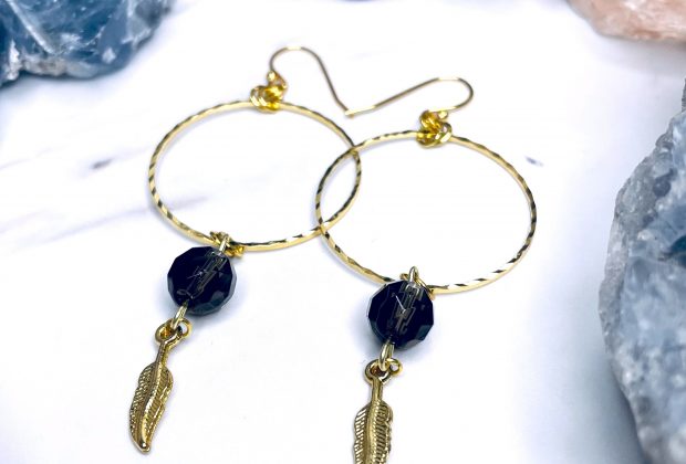 ‘B**** Don’t Kill My Vibe’ Smoky Quartz Gold Plated Stainless Steel Hoops with Feather Charms