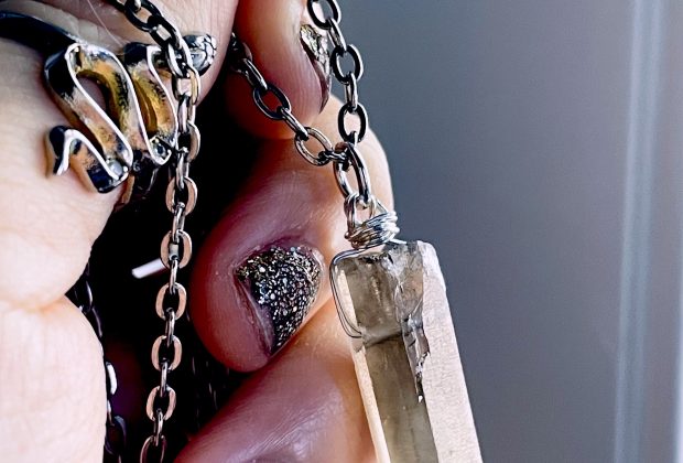 ‘From Negative to Positive’ Smoky Quartz Vintage Looking Silver Plated Brass Necklace