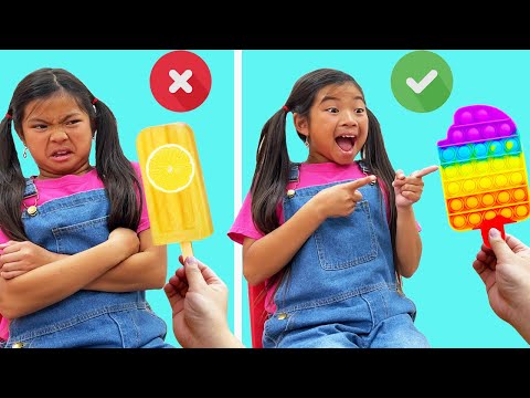 Emma and Ellie Learn Healthy vs Unhealthy Food with Pop It Toys | Good vs Bad Foods Pop It Challenge