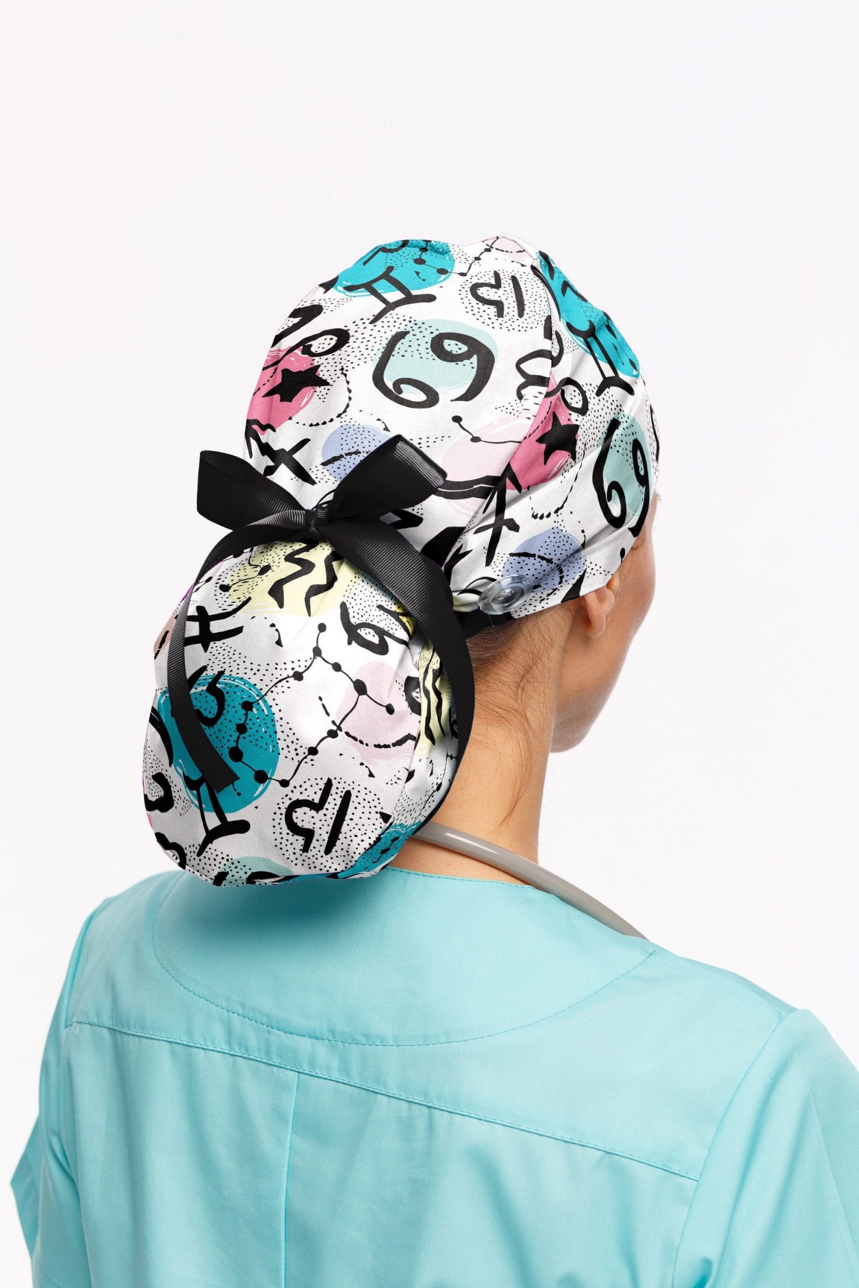 zodiac ponytail scrub caps, ponytail surgical hat women, nurse scrub cap