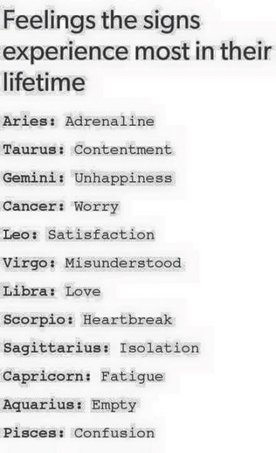 Feelings the signs experience most in their life. | Zodiac: